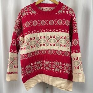 Holiday Large Oversized Snowflake Knit Crewneck Sweater Soft Pullover Ribbed